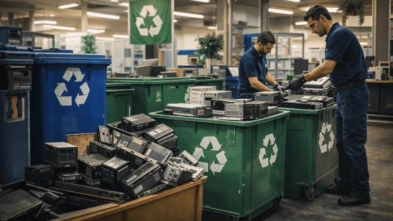 IT equipment recycling facility sorting computers and servers responsibly
