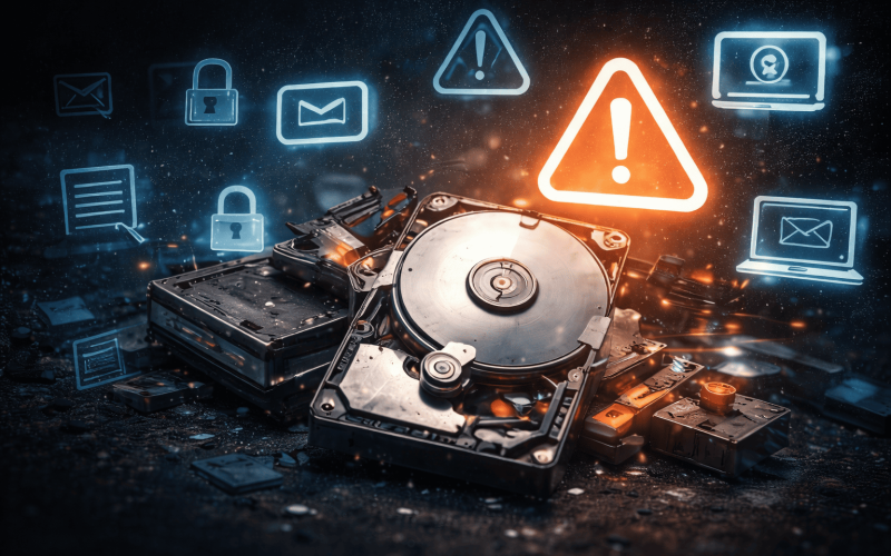Old hard drive surrounded by digital data icons and warning symbols, illustrating data exposure risk without secure data destruction.
