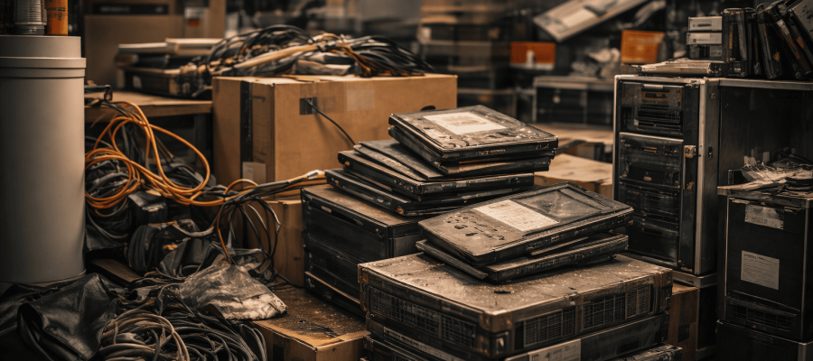 Outdated IT equipment piled in an office back room, showing poor IT equipment disposal practices and unmanaged electronic waste.